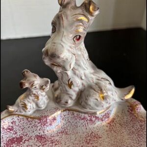 Vintage Scottie/Schnauzer Dog ceramic Ashtray Pink/White & Gold color pre-owned